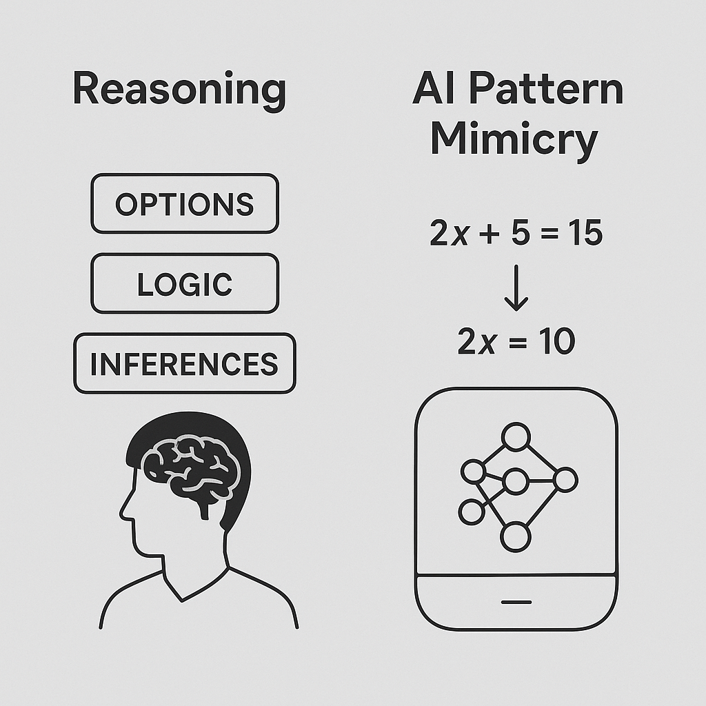 Illustration contrasting human reasoning with AI pattern mimicry